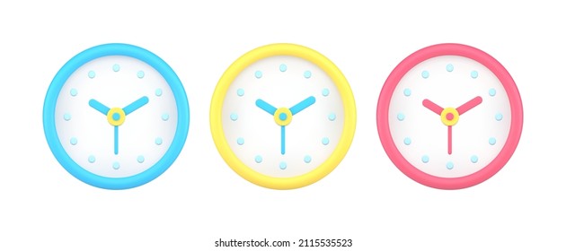 Collection blue, yellow and red analog wall clock front view for time checking 3d icon template vector illustration. Set of retro watch with second, minute and hour arrows and points numbers deadline