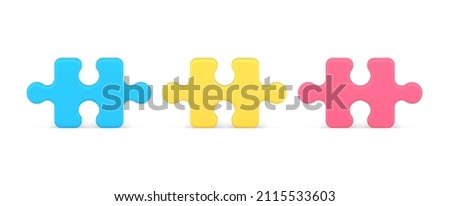 Collection blue, yellow and red jigsaw logic game pieces for assembling isometric decorative design front view 3d icon vector illustration. Set of puzzle bright glossy details for teamwork isolated