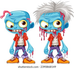 Una colección de personajes de dibujos animados zombi azules en el estilo de ilustración vectorial