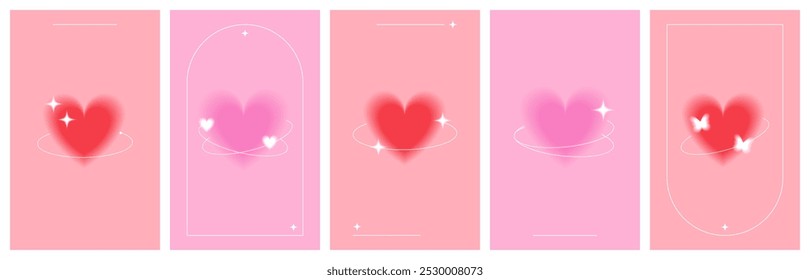 Collection of blurred red and pink hearts with soft glow effect on pink background. Aesthetic aura design covers, romantic posters. Vector iillustration