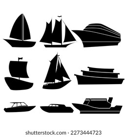 collection of boat and ship designs in silhouette style on white isolated background.