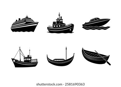 Collection of Boat Silhouettes vector set.