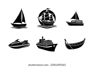 Collection of Boat Silhouettes vector set.