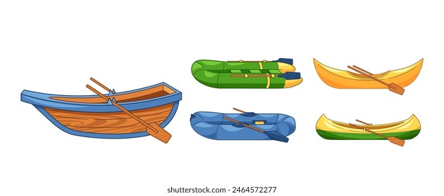 Collection Of Boats And Canoes. Wooden Rowboat And Inflatable Rafts For Outdoor Adventure, Travel And Water Sports