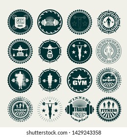 The collection of body building and fitness design elements. Emblems and stamps, quotes and silhouettes