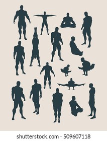 The Collection Of Body Building Silhouettes. Bodybuilder Posing