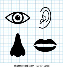 Collection of body parts - nose; eye; lips;  ear - vector icon