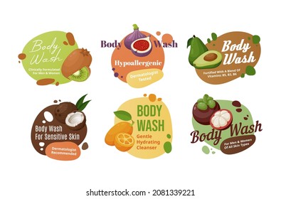 Collection Body Wash Stickers With Place For Text Vector Flat Illustration. Set Of Skin Care Cosmetics Label Decorative Design With Exotic Fruits Kiwi, Avocado, Figs, Coconut, Persimmon And Longkong