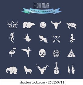 Collection of Bohemian, tribal and ethnic objects, elements and icons