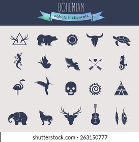 Collection of Bohemian, tribal and ethnic objects, elements and icons