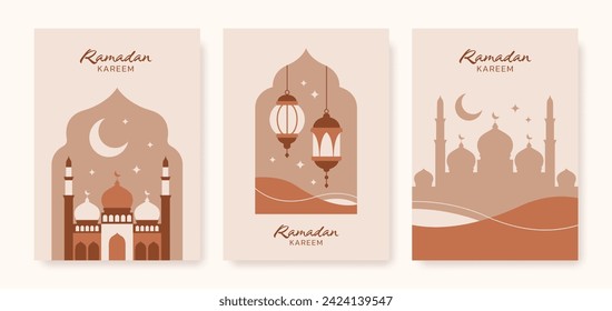 Collection of boho aesthetic Ramadan Kareem posters. Islamic minimalist modern design templates. Vector illustration