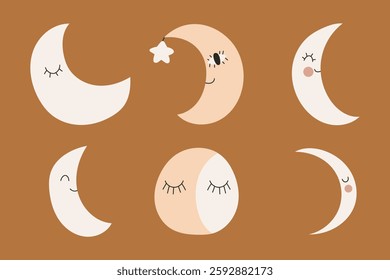 Collection Boho baby Moon. Hand Drawn Cute Moons, vector simple illustration. Scandinavian nursery print design