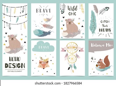 Collection of boho cards set with feather,dreamcatcher,fox.Vector illustration for birthday invitation,postcard,poster,card,cover