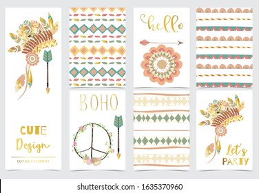 Collection of boho cards set with feather,dreamcatcher.Vector illustration for birthday invitation,postcard and sticker.Editable element