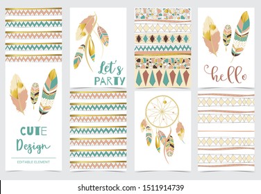 Collection of boho cards set with feather,dreamcatche.Vector illustration for birthday invitation,postcard and sticker.Editable element