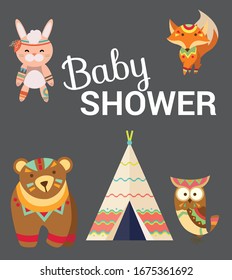 Collection boho cards set with feather,flower,bear, fox. baby shower boho