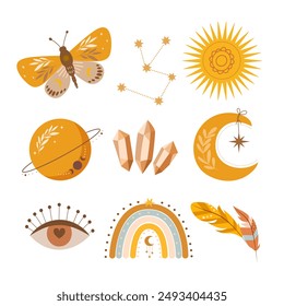 Collection of boho decorative elements isolated on white background.	