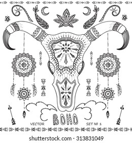 Collection boho elements: arrows, ornaments, skull bull, for cards, t-shirts