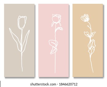 Collection of boho hand drawn line art  flowers on pastel background set. Linear vector illustration, cartoon doodle minimal style.