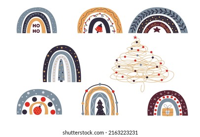 Collection of boho rainbows, isolated elements on white background.  love, Christmas, trees.  Vector elements for Valentine’s Day banner, poster, flyer, greeting card, t shirt, etc. Ho-ho-ho