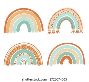 Collection of boho rainbows in pastel mint and brown colors, isolated elements on white background; nursery art design, for printing on baby clothes and textiles, home decor art, vector illustration
