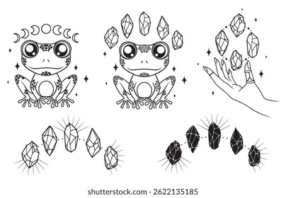 Colección de ilustraciones de estilo boho, cristales, luna y Elementos mágicos. Arte vectorial