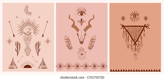 Collection of boho and tribal posters with dreamcatcher, birds, buffalo skull, esoteric elements, insect and plants. Minimalist objects one line style. Editable Vector Illustration.