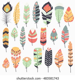 Collection of boho vintage tribal ethnic hand drawn colorful feathers, vector illustration