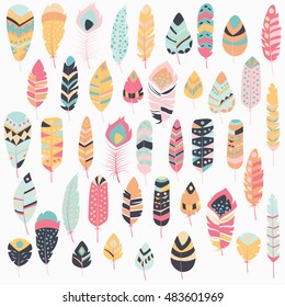 Collection of boho vintage tribal ethnic hand drawn colorful feathers, vector illustration