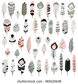 Collection of boho vintage tribal ethnic hand drawn colorful feathers, vector illustration