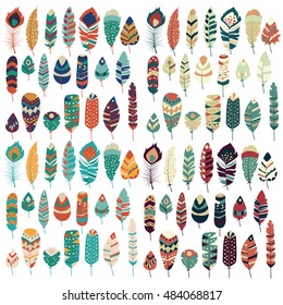 Collection of boho vintage tribal ethnic hand drawn colorful feathers, vector illustration