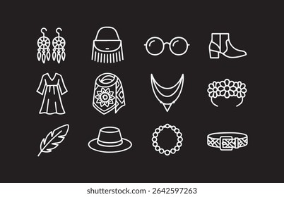 Uma coleção de acessórios boho-chic e elementos de moda apresentados como arte de linha minimalista em um fundo preto perfeito para projetos