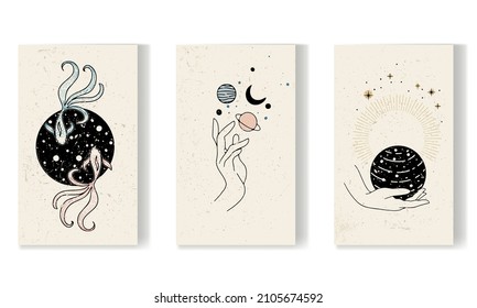 A collection of boho-style posters with cosmic symbols on textured paper. Abstractions with palm, planets, stars, cosmic fishes and abstract figures.