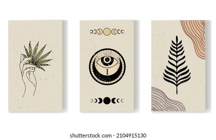 A collection of boho-style posters with mystical symbols on textured paper. Abstractions with leaves, palm branch, palm, crescent, all-seeing eye and abstract figures.