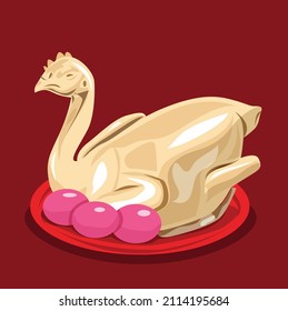 Collection of boiled chicken, duck eggs illustrations in Chinese New Year, vector, gray background.