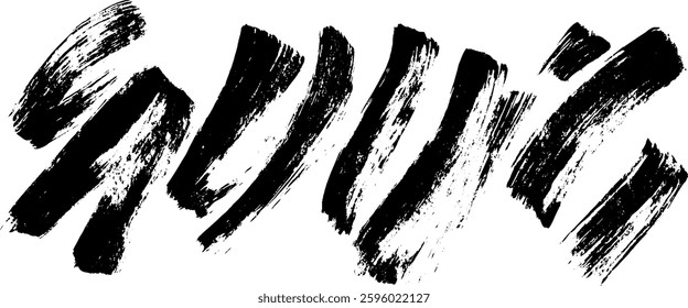 A collection of bold, abstract black brush strokes on a white background, showcasing dynamic movement and artistic flair.