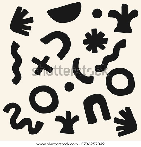 A collection of bold black abstract shapes of varying forms arranged randomly on a pale beige background. The composition features curves, circles, X-like marks, and starburst forms creating a