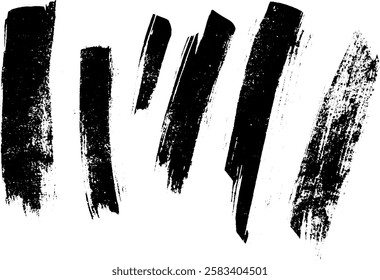 A collection of bold, black brush strokes on a white background, showcasing various sizes and textures. Ideal for artistic designs and backgrounds.