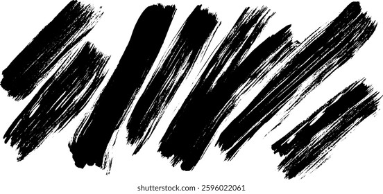 A collection of bold black brush strokes on a white background, showcasing various lengths and angles, ideal for artistic designs or backgrounds.