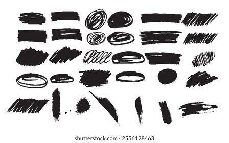 collection of bold black brushstrokes, scribbles, and abstract shapes, showcasing artistic textures, dynamic forms, and creative expression. Perfect for design projects