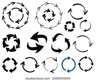 Eine Sammlung von fetten schwarzen kreisförmigen Pfeilsymbolen in verschiedenen Stilen, perfekt für die Darstellung von Rotation, Recycling und kontinuierlichen Prozessen in digitalen Designs. Vektorgrafik.