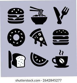 Collection of bold black food icons on a light purple background, including burgers, noodles, donut, pizza, bread, watermelon, coffee, and utensils, in a simple flat vector illustration style.