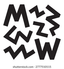 A collection of bold black geometric shapes, including zig zag lines and angular letter-like forms, arranged in a modern and minimalist abstract composition. This graphic design element is perfect for creative projects, posters, banners, and digital backgrounds that require a clean, high-contrast, and artistic aesthetic. The simple shapes provide a versatile visual texture for various design applications, offering a modern look that works well in both print and digital media formats.