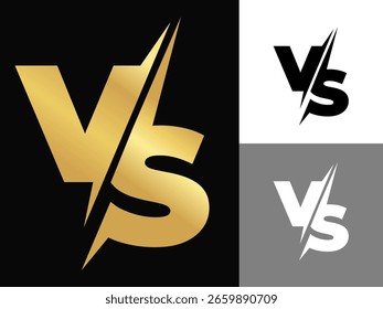 Una colección de audaces logotipos "VS" negros y dorados que incorporan un dinámico diseño de relámpago, que representa una intensa competencia o confrontación.