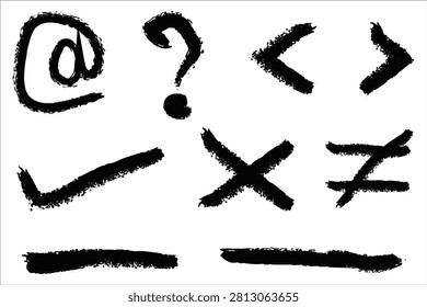 A collection of bold, black, hand drawn symbols including an at symbol, question mark, check mark, less than greater than signs, and an X. Ideal for digital or print design.