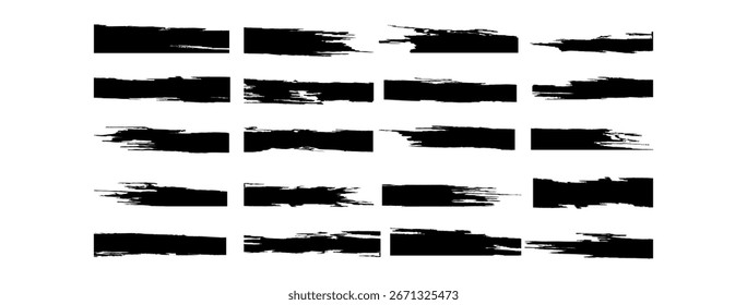 Uma coleção de linhas de traçado de pincel horizontal negrito e preto no estilo grunge, perfeito para uso como elementos de design, planos de fundo ou texturas.
