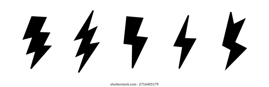 Collection of bold, black lightning bolt icons ideal for digital graphics and design.