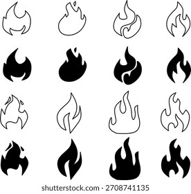 Colección de iconos de llamas negros y delineados en varias Formas y estilos, perfecto para logotipos, advertencias, etiquetas, marcadores de contenido caliente y proyectos de Diseño gráfico creativos.
