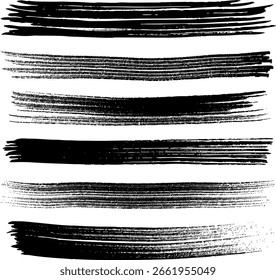 Uma coleção de traçados de pincel grunge de vetor preto em negrito. Linhas de pintura texturizadas desenhadas à mão e banners com um efeito de pincel seco. Elementos isolados para desenhos artísticos modernos.