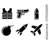 A collection of bold black vector icons representing military equipment, combat gear, and weaponry such as guns, bullets, vests, bombs, rockets, and aircraft.